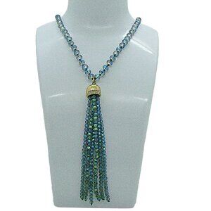 Mermaid Blue Faceted Crystal Pearl Rondelle Y Tassel Long Necklace 40"Adjustable